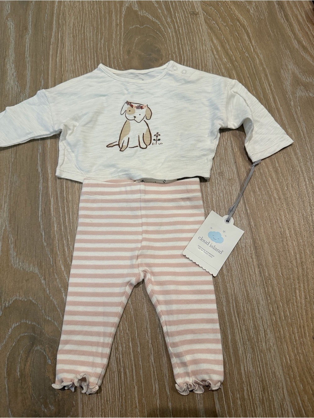 cloud island Cream Puppy Top with Pink & Cream Striped Leggings NWT Size NB